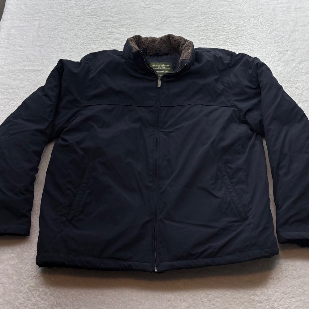Eddie Bauer Mens Premium Goose Down Jacket Navy Blue Sherpa Collar XL Full Zip